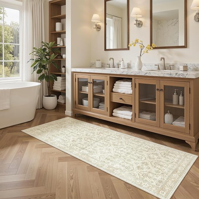Soalmost Runner Rug 2x5 Washable Non-Slip Kitchen Runner Rugs for Bathroom Laundry Room Beige/Brown Vintage Floor Carpet Runners for Hallway Entryway