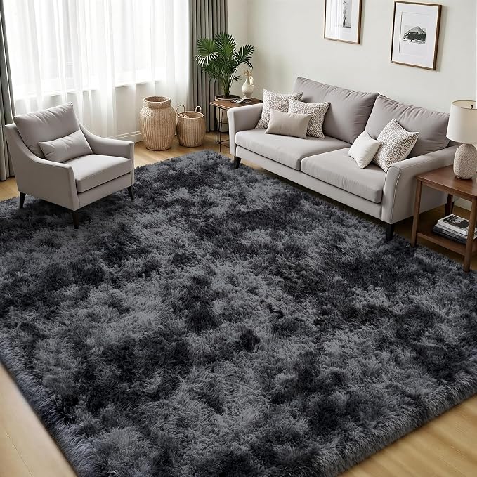 Area Rug for Living Room Bedroom: 4x6 Black Grey Soft Fluffy Shag Upgrade Non-Slip High Pile Carpet Large Fuzzy Plush Indoor Floor Decor Shaggy Rug for Kid Boys Girls Playroom Nursery Modern Home