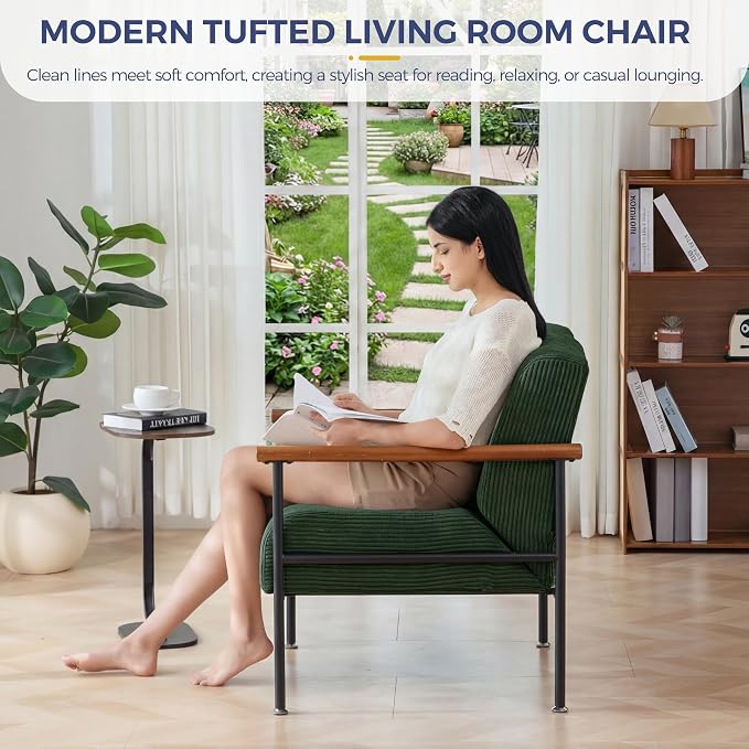 MAXYOYO Living Room Accent Chair, Modern Chair with Metal Frame | Upholstered Reading Chair Modern Living Room Chair with Support Cushion for Bedroom Balcony Porch, Dark Green