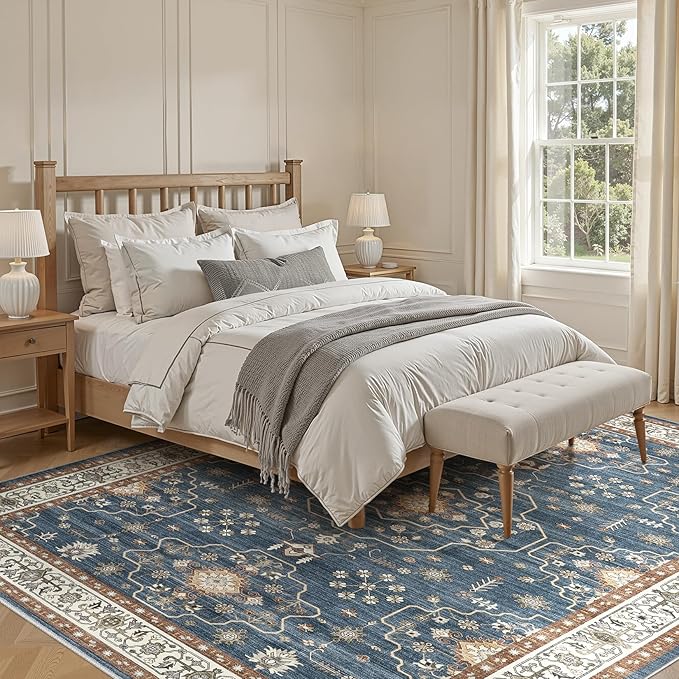 6x9 Area Rug for Living Room- Machine Washable Soft Oriental Vintage Large Indoor Floor Carpet for Bedroom Under Dining Table Home Office Decor - Dark Blue