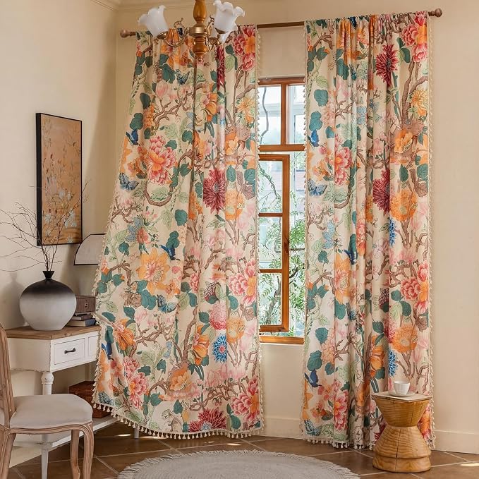 OYX Boho Floral Curtains 63 Inch, Linen Farmhouse Flower Drapes with Lace & Tassels, Light Filtering Semi Sheer Curtains for Living Room Bedroom, 2 Panels