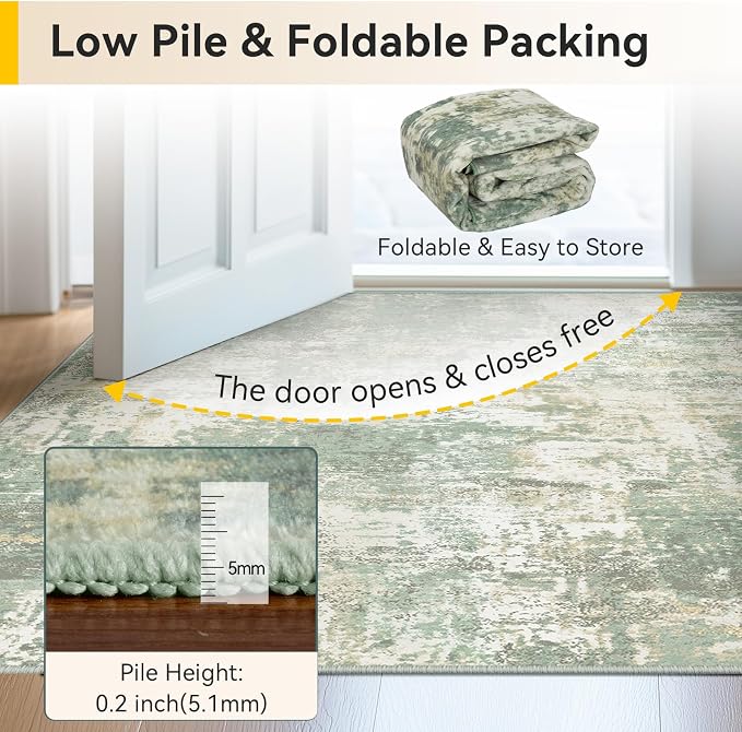 RELEANY Washable Area Rugs 7'x9' Non-Slip Modern Abstract Soft for Living Room Entryway Bedroom Kitchen, Print Pattern, Light Green/Yellow