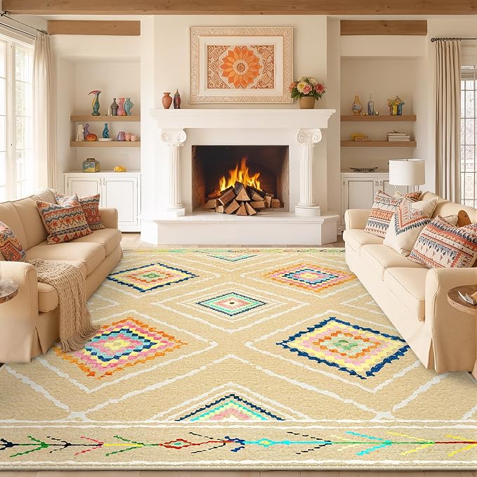 BESTSWEETIE Area Rug 9x12 Rug Machine Washable Non-Slip Low Pile Print Pattern Western Rug for Living Room Bedroom Entryway Tribal Series -Cream/Beige