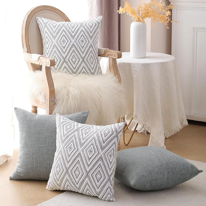 HPUK Throw Pillow Covers 18x18 Inch Set of 4, Linen Decorative Pillow Covers, Accent Cushion Covers for Couch Sofa Bed Bedroom Living Room Décor, Grey