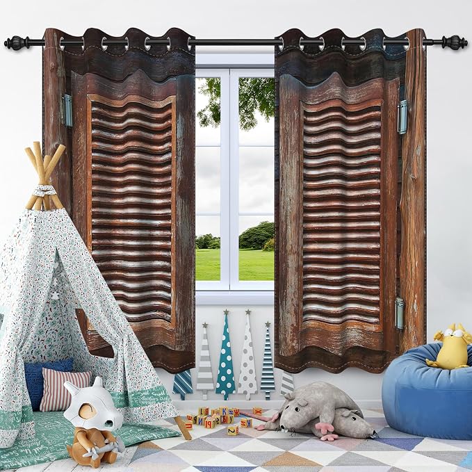 Rustic Wooden Barn Door Blackout Window Curtains Wood Planks Farm Farmhouse Curtains Country Retro Western Vintage Brown Window Treatments Kitchen Bedroom Living Room Decor,42x96 inch,2 Panels