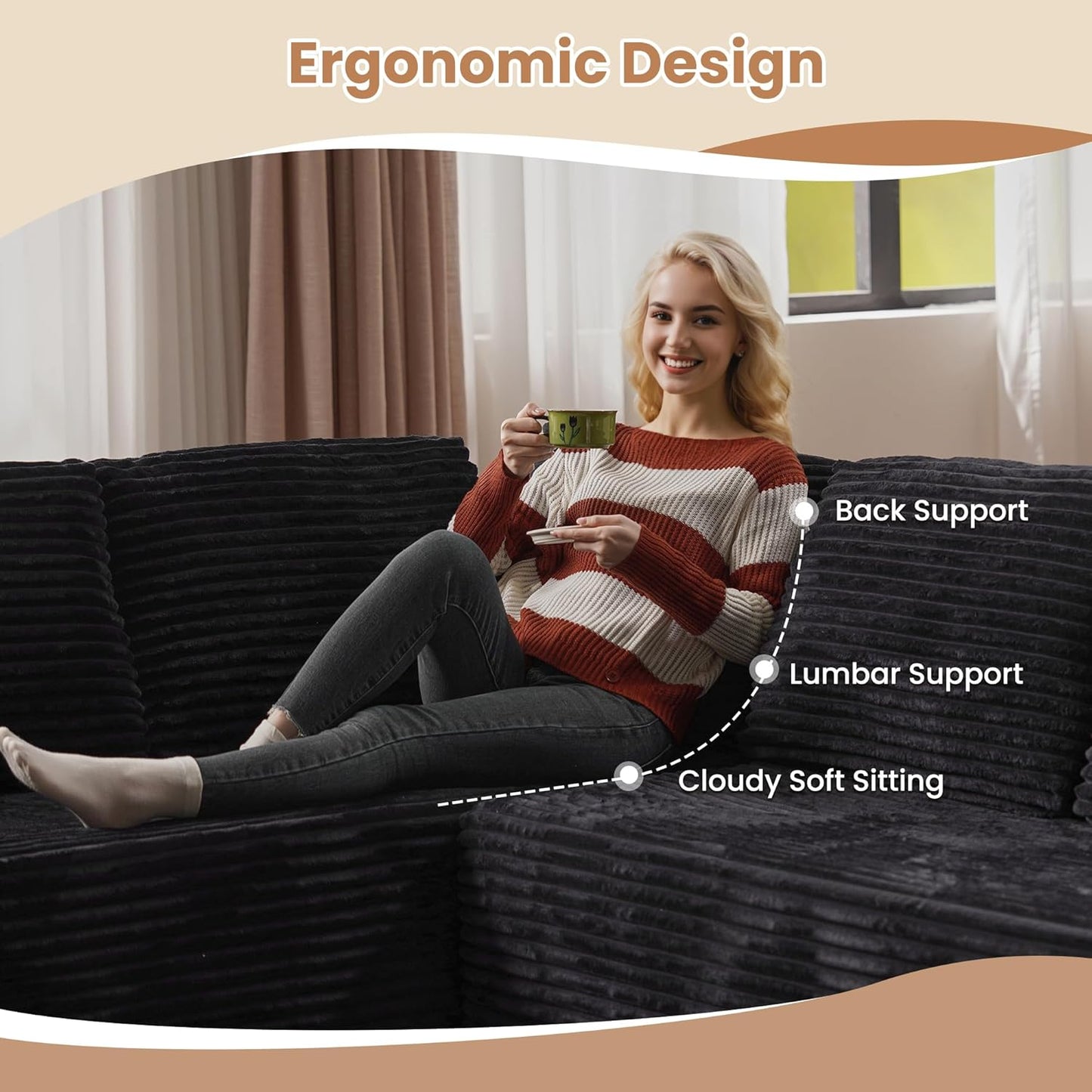 HOOOWOOO Cloud Sectional Couches for Living Room,Modular Sectional Sofa No Assembly,Plush Corduroy Large Floor Couch Furniture Set with Deep Seat Left Chaise L Shape(Black)