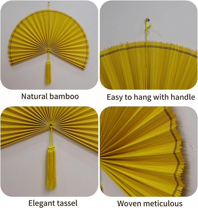 SUCHUBU Honey Yellow Wall Fan, 47" Premium Handwoven Bamboo Decor, Large Japanese Hanging Fan, Luxurious Asian Wall Art, Shimmering Boho Decor, Artisan Crafted Weaving (Yellow, Large)