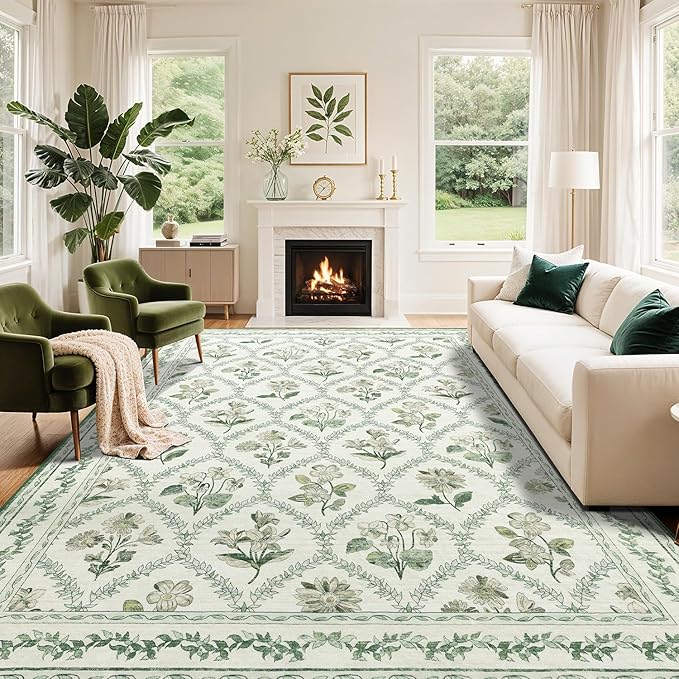 LIANLAM Checkered Rug 10x14 Area Rugs for Living Room - Stain Resistant & Non-Slip Backing Vintage Boho Floral Design Rug for Bedroom,Durable & Ultra-Thin Large Washable Area Rug(10x14,Green)