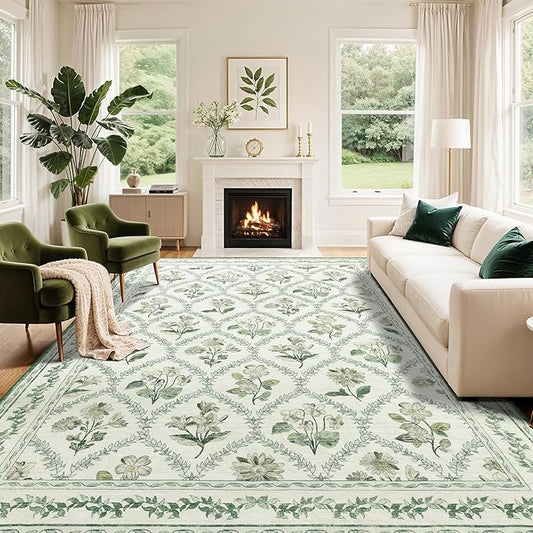 LIANLAM Checkered Rug 10x14 Area Rugs for Living Room - Stain Resistant & Non-Slip Backing Vintage Boho Floral Design Rug for Bedroom,Durable & Ultra-Thin Large Washable Area Rug(10x14,Green)