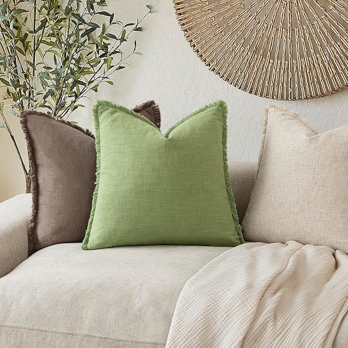 Foindtower Set of 2 Decorative Linen Fringe Lumbar Throw Pillow Covers Boho Farmhouse Cushion Cover with Tassels Soft Accent Pillowcase for Couch Sofa Bed Living Room Home Decor,12×20 Inch,Lime Green