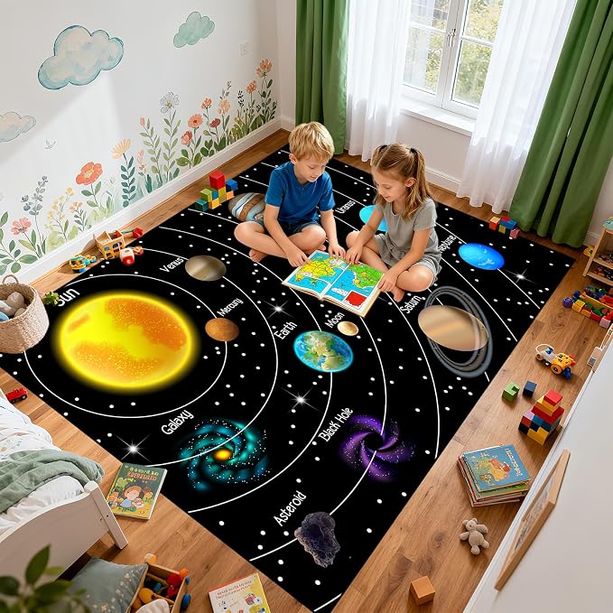 6x9 Feet Solar System Rug - Space Rug for Boys Room Space Carpet for Kids Bedroom Outer Space Decor for Kids Room Planet Themed Playroom Living Room Decor