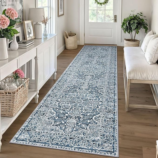 KUTA Vintage Runners for Hallways 2.6x10 Non-Slip, Blue White Washable Kitchen Rug Ultra Soft Printed Distressed Traditional Medallion Floor Carpet for Bedroom Living Room