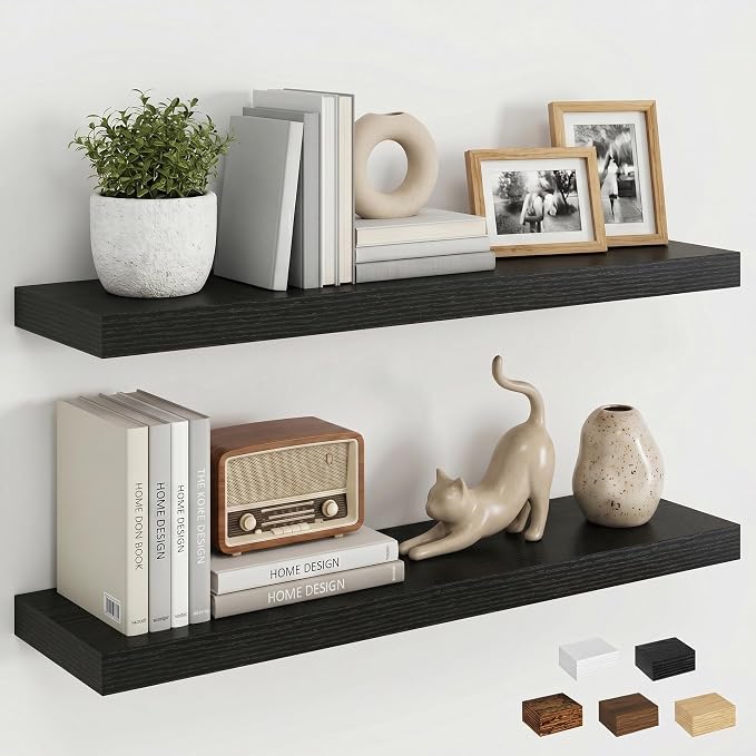 Dreamland Floating Shelves for Wall, 27.5 Inch Long Shelves, Wall Decor for Bedroom, Kitchen, Living Room & Book Storage, Mounted Floating Shelf with Invisible Brackets, Set of 2, Black