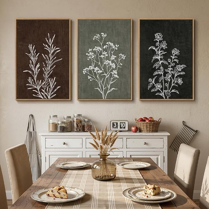 Framed Boho Botanical Wall Art for Living Room, 3 Piece Rustic Floral Canvas Painting Prints, Vintage Framhouse Minimalist Neutral Artwork For Bedroom Hallway Dining Room Wall Decor, 24 x 36 Inch