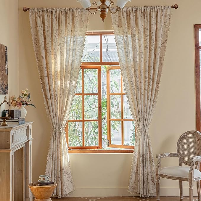 OYX Boho Curtains, Floral Curtains Beige with Garden Birds, Farmhouse Birds Drapes 96 Inches Length Semi Sheer, Rod Pocket Vintage French Country Window Curtain Set 2 Panels for Kitchen, Bedrooms