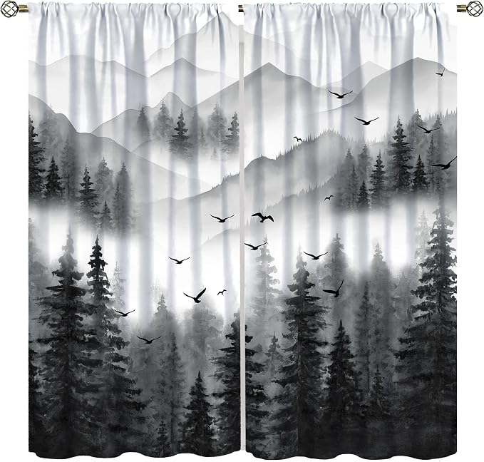 Forest Blackout Curtains for Kitchen Farm Retro Countryside Gray Nature Mist Watercolor Forest Mountains Trees Theme Print Windows Treatments for Boys Girls Bedroom Living Room 42x54in