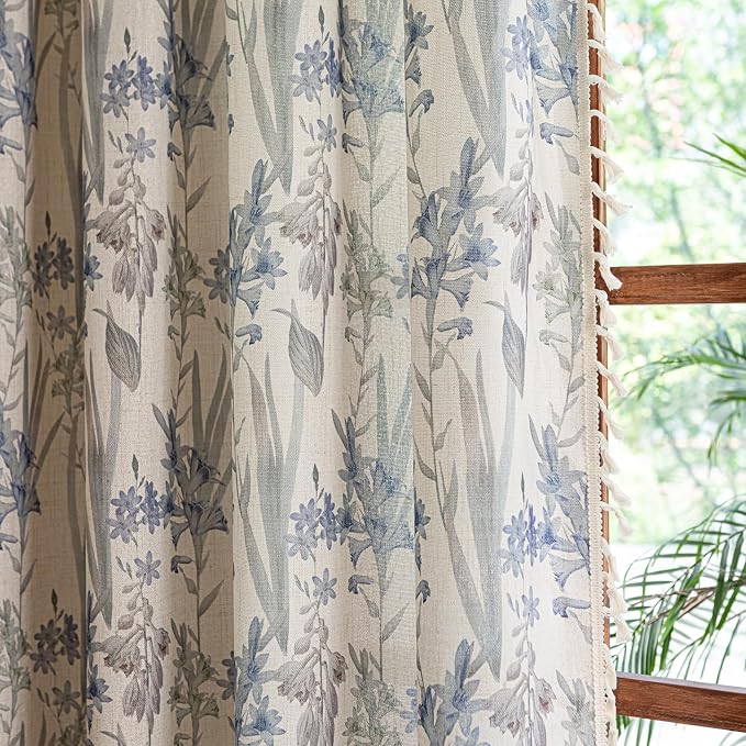 OYX Floral 96 Inch Curtains for Bedroom 2 Panel Set – Semi Sheer Rod Pocket Vintage Boho Farmhouse Drapes, Floor Length Printed Window Panels for Living Room