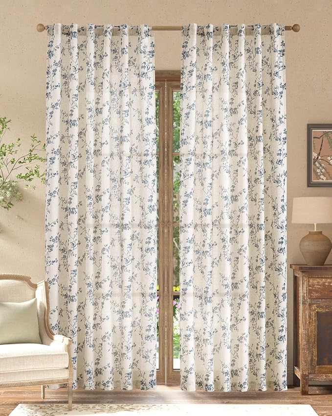 jinchan Blue Floral Linen Curtains 84 Inch French Country Back Tab 2 Panels | Flower patterned drapes, farmhouse, printed, light filtering, bedroom, living room, kitchen, window treatment, rod pocket