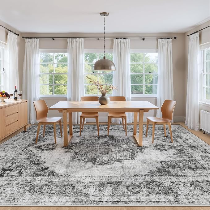 Area Rug 8x10 Vintage Rugs: Large Washable Indoor Medallion Rug Low Pile Distressed Floor Carpet Retro Accent Rugs for Living Room Bedroom Kitchen Dining Table Home Office(Black, 8'x10')
