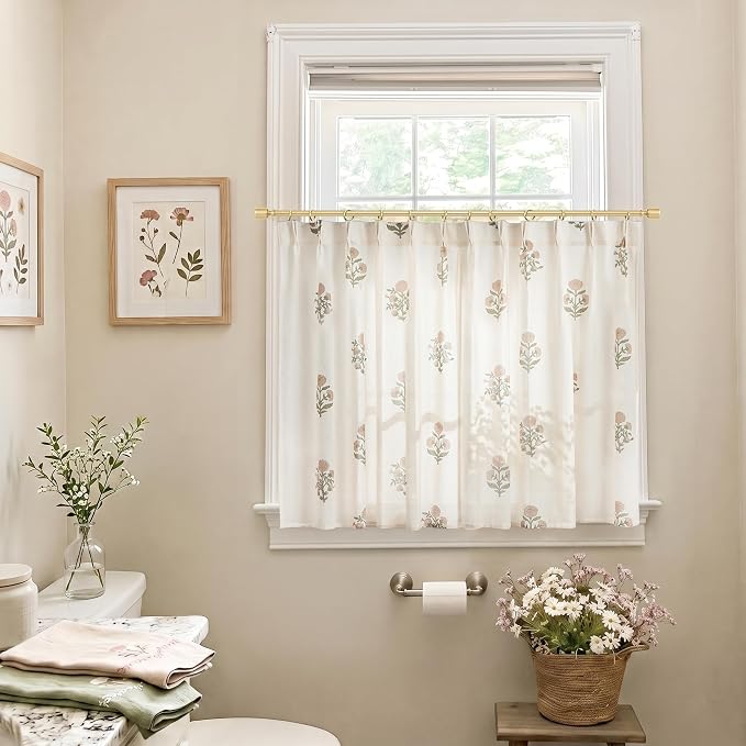 Lino Rosa Pink Short Floral Curtains for Bathroom Window, Vintage Cottage Core Pink and Green Linen Sheer Mini Cafe Curtains for Kitchen Girls Room 24 Inch Length