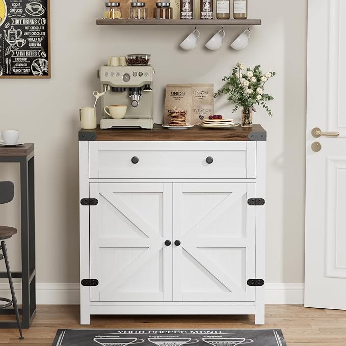 YESHOMY Coffee Bar and Accent Cabinet, Farmhouse Barn Door Buffet Sideboard with Drawer and Adjustable Shelf, Wide Desktop for Kitchen, Dining Room, Bathroom, Entryway, Brown & Rustic White