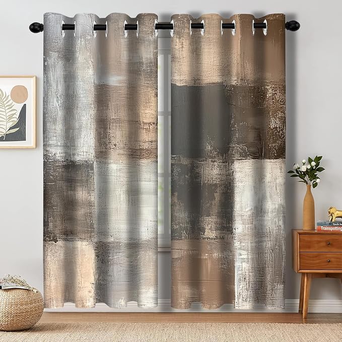 Brown Grey Abstract Blackout Curtain, Rustic Farmhouse Acrylic Aesthetic Unique Vintage Window Curtains Living Room Bedroom Decor Darkening Window Drapes Treatments, 2 Panels 52x63 Inch