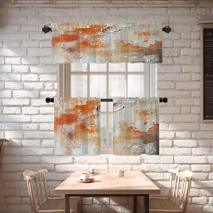 Shrahala Brushstrokes of Paint Blackout Short Curtains for Windows, Orange Grey Canvas Texture Kitchen Valance Thermal Insulated Rod Pocket Window Treatment for Bathroom 52 X 18 in