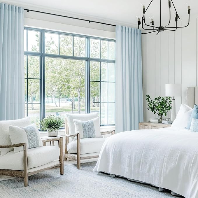 Sky Blue Curtains 72 inch Length for Bedroom Back Tab Light Filtering Semi Sheer Blue Living Room Curtains Linen Cotton Textured Drapery Panel Aesthetic Decor Light Blue 52x72
