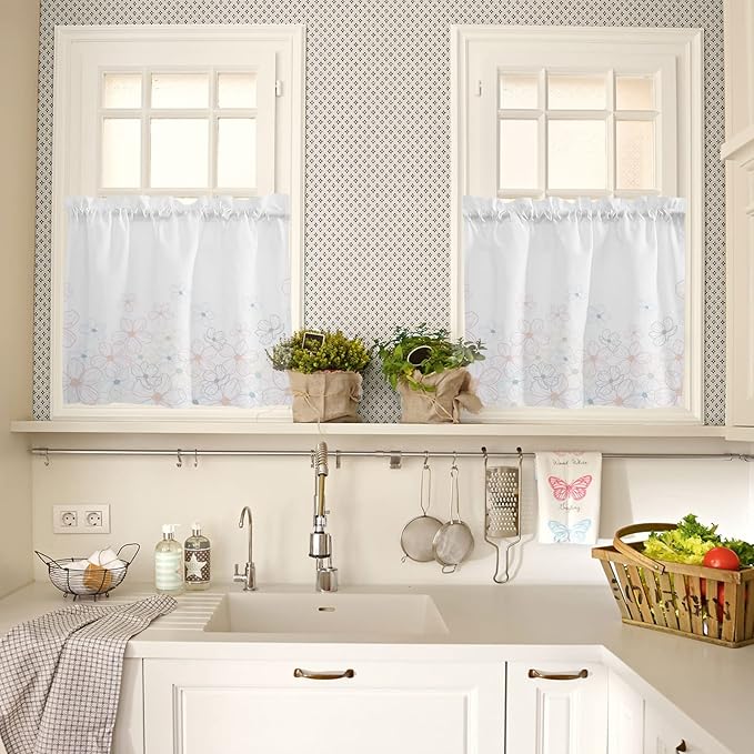 Kitchen Tier Curtains 24 inches Long, Line Cherry Blossom Design Simple Flower Window Curtains for Living Room Bath Cafe,Rod Pocket Light Filtering Drapes Short Half Window Treatment Tiers 2 Panels