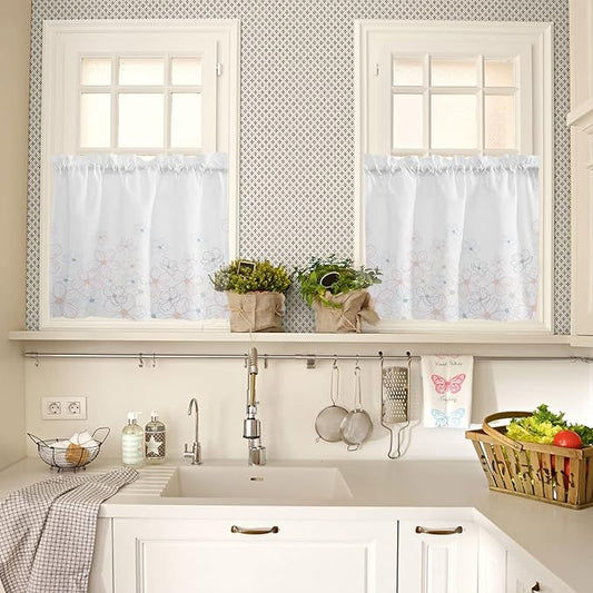Kitchen Tier Curtains 36 inches Long, Line Cherry Blossom Design Simple Flower Window Curtains for Living Room Bath Cafe,Rod Pocket Light Filtering Drapes Short Half Window Treatment Tiers 2 Panels
