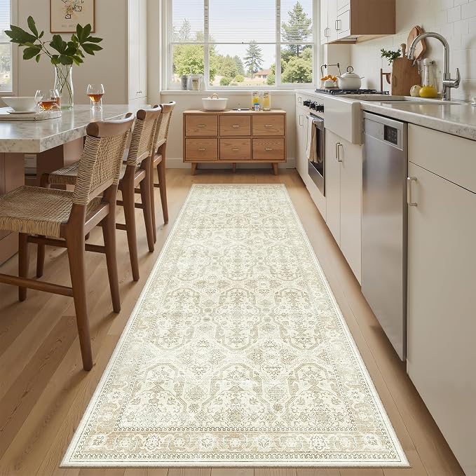 Soalmost Washable Runner Rug, 2'6" x 8' Non-Slip Kitchen Vintage Foldable 2.5x8ft Hallway Runners for Entryway, Laundry, Bedroom, Beige/Brown