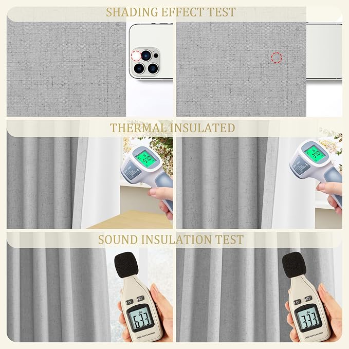 Jowels Grey Linen Blackout Curtains 100 Length 2 Panels Set for Living Room Bedroom, 100% Black Out Thermal Insulated Linen Drapes, Room Darkening Grommet Curtains 100 inches Long