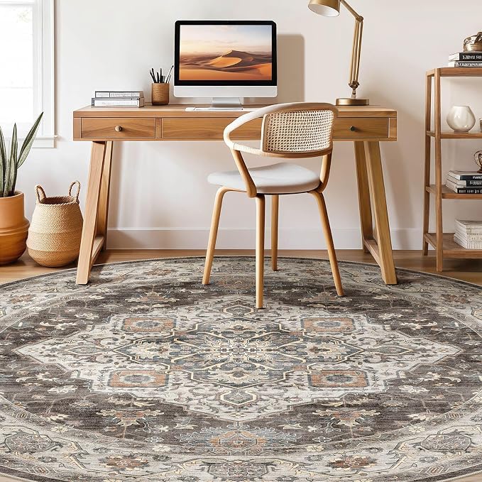 Round Rug Living Room Rugs: 7x7 Washable Boho Neutral Large Circle Soft Indoor Floral Stain Resistant Floor Farmhouse Carpet for Bedroom Nursery Kids Playroom Office Dining Room Dorm- Grey Brown