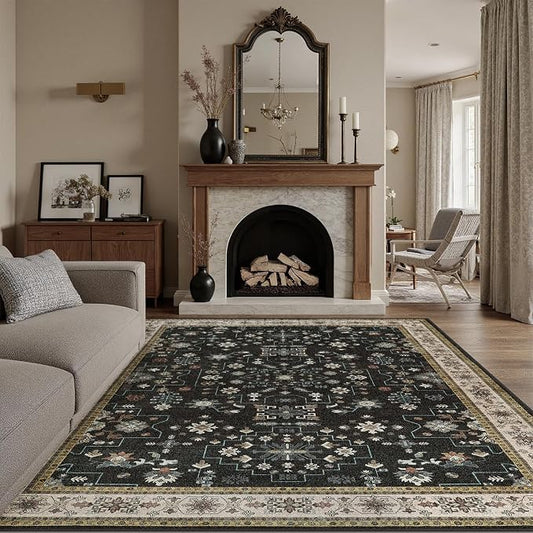 DCX Machine Washable Black Area Rug 9x12, Non Slip Stain Resistant Vintage Area Rug for Living Room Diningroom Bedroom Nursery, Soft Low Pile Large Carpet