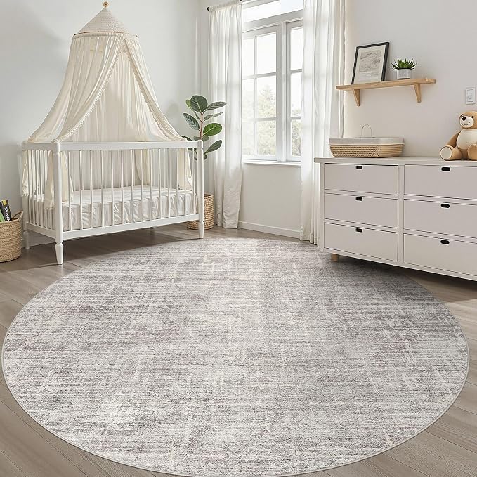 10ft Round Rug Living Room: 10x10 Washable Large Neutral Circle Area Rug Abstract Soft Modern Stain Resistant Indoor Floor Non-Slip Carpet for Bedroom Nursery Kids Office Playroom- Brown Gray