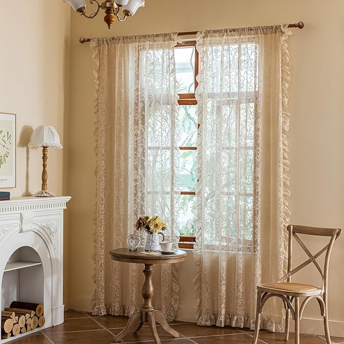 TUDECO Beige Boho Curtains 8 Foot - Cottage Translucen Lace Curtains for Living Room Bedroom, Pretty Chic Floral Ruffle Light Filtering Privacy Window Decor, 59 x 96 Inch, Light Beige