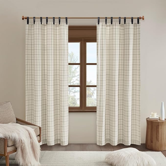 Madison Park Anaheim Cabin Plaid Curtain Window, Thermal Insulated Fleece Lining, Living Room Decor Room Darkening Drape for Bedroom, 1-Single Panel Pack, 50x84 Faux Leather Tab Top, Natural