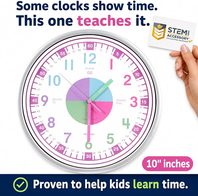 OWLCONIC Clock for Kids – Educational Analog Learning Wall Clock, Non Ticking Teaching Clock for Classroom & Homeschool, Silent Kids Bedroom Décor Pastel Pink