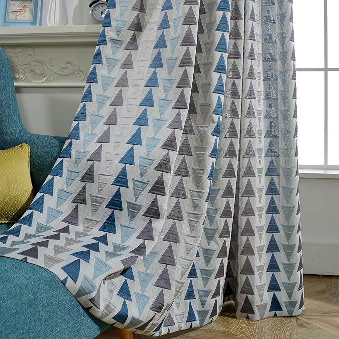 Leeva 2 Pieces Jacquard Curtain Panels for Sliding Door, Modern Geometric Triangle Privacy Window Treatment Drapes for Living Room, Blue Triangles, 52 x 96, Grommet