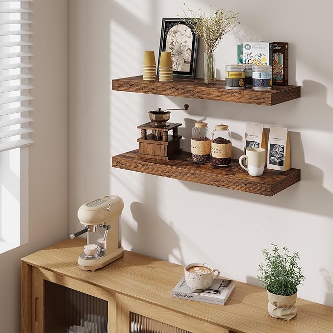 Fun Memories Floating Shelves for Wall, 30 Inch Long Floating Shelves Set of 2, 30 x 10 Wooden Shelves for Wall, Large Storage Shelves, Hanging Shelves for Bathroom Kitchen Bedroom, Rustic Brown