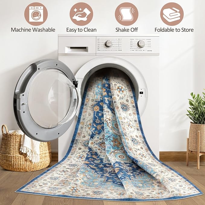 7x10 Area Rug Living Room: Washable Boho Large Neutral Vintage Soft Rugs Stain Resistant Farmhouse Non-Slip Indoor Floor Retro Carpet for Bedroom Nursery Kids Office Dining Room- Navy Beige