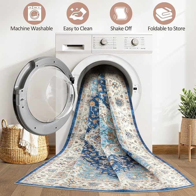 10x12 Area Rug Living Room: Washable Boho Large Neutral Vintage Soft Rugs Stain Resistant Farmhouse Non-Slip Indoor Floor Retro Carpet for Bedroom Nursery Kids Office Dining Room- Navy Beige