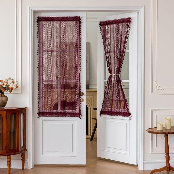 Sutuo Home Burgundy French Door Curtains for Front Door Glass & Sidelights, Farmhouse Light Filtering Bohemian Tassels Vintage Privacy Red Drapes for Window, Rod Pocket 2 Panels 25" W x 72" L
