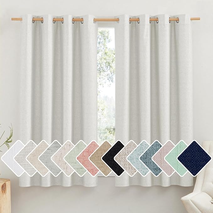 NICETOWN 100% Absolutely Blackout Linen Curtains with Thermal Insulated White Liner, Ivory, 52" W x 63" L, Set of 2, Burlap Textured Textured Linen Look Privacy Window Treatment for Kitchen