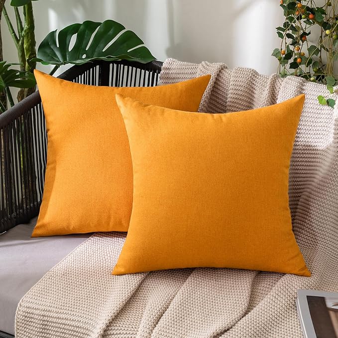 MIULEE Pack of 2 Decorative Outdoor Solid Waterproof Throw Pillow Covers Faux Linen Garden Farmhouse Cushion Cases for Summer Patio Tent Balcony Couch Sofa 16x16 Inch Pumpkin Orange