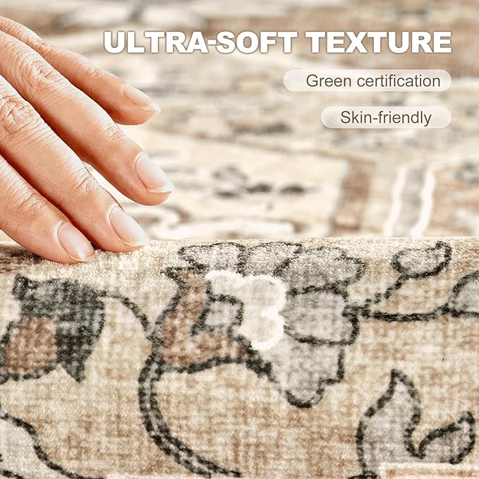 8x10 Washable Area Rug: Vintage Neutral Soft Non Slip Thin Large Floor Carpet for Living Room Bedroom Kitchen Dining Room Home Office Farmhouse Indoor - Beige Brown