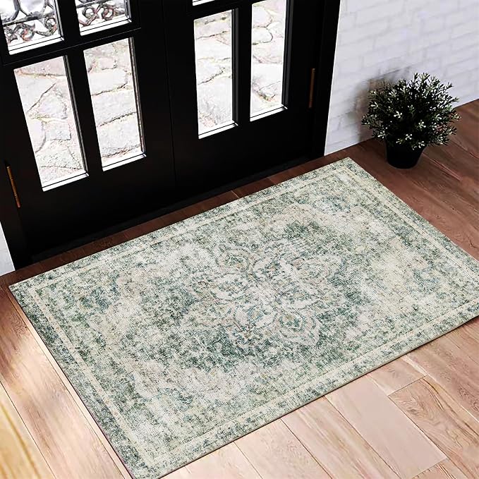 CHAMPLANT Washable Area Rug 2'x3' Door Mat Vintage Distressed Doormat Indoor Entrance Traditional Thin Rug Floral Print Non Slip Carpet for Kitchen Bathroom Bedroom Living Room
