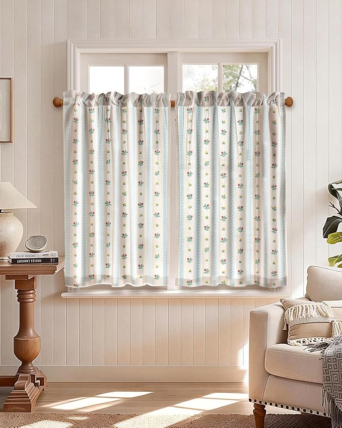 Miss Adola Farmhouse Kitchen Tier Curtains - 36 Inch Length Linen Blend Boho Cafe Curtains Blue Floral Small Window Treatments Over Sink Rod Pocket for Bathroom Living Room Light Filtering, 2 Panels