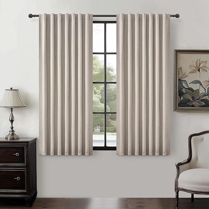 Grey Flax Taupe Short Small Window Room Darkening Curtains 54 Inches Long for Bedroom/Basement, Boho Linen Thermal&Soundproof Blackout Curtain Back Tab Pleated with Hooks Light Tan (50"Wx54L 2 Panels)