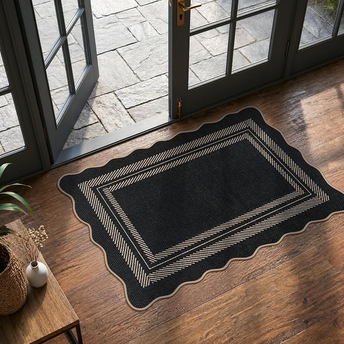 LIVEBOX Scalloped Easy Jute 2x3 Front Door Mat Black Kitchen Rug, Washable Small Indoor Outdoor Rug for Entryway, Tan Non Slip Farmhouse Area Rugs, Neutral Carpet Doormat for Porch Doorway Foyer